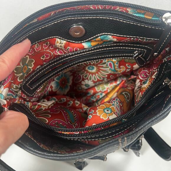 Black Pebbled Genuine Leather Crossbody Bag Many Zippered Pockets Floral Lining - Picture 7 of 16